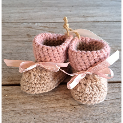 Booties /Slofjes linnen met oudroze + strikjes / wol