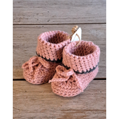 Booties /Slofjes Oudroze + grijze rand / wol