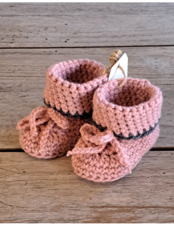 Booties /Slofjes Oudroze + grijze rand / wol