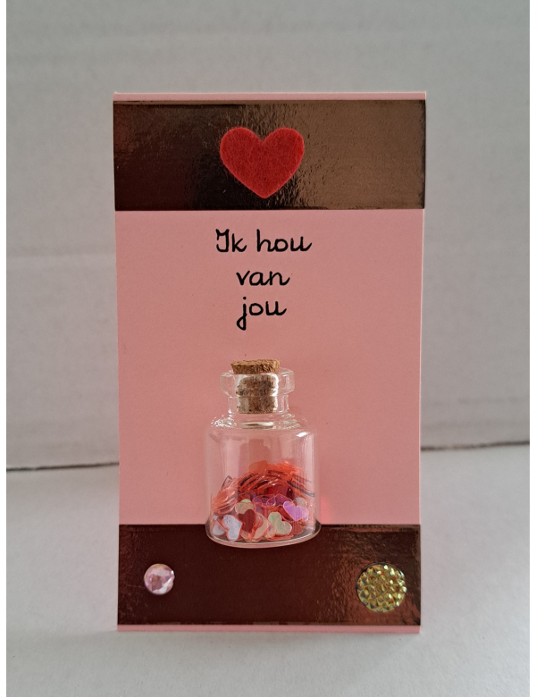 Wenskaartje 'Ik hou van jou' + glazen flesje / hartjes
