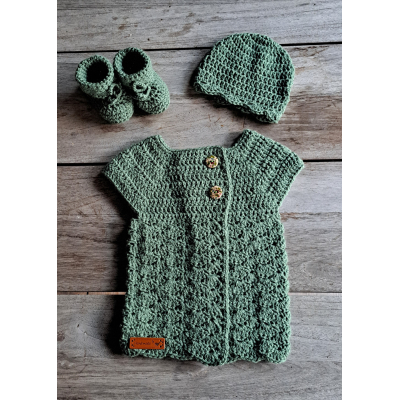 Set mosgroen: Mutsje + vestje + slofjes, wol