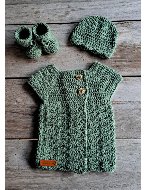Set mosgroen: Mutsje + vestje + slofjes, wol