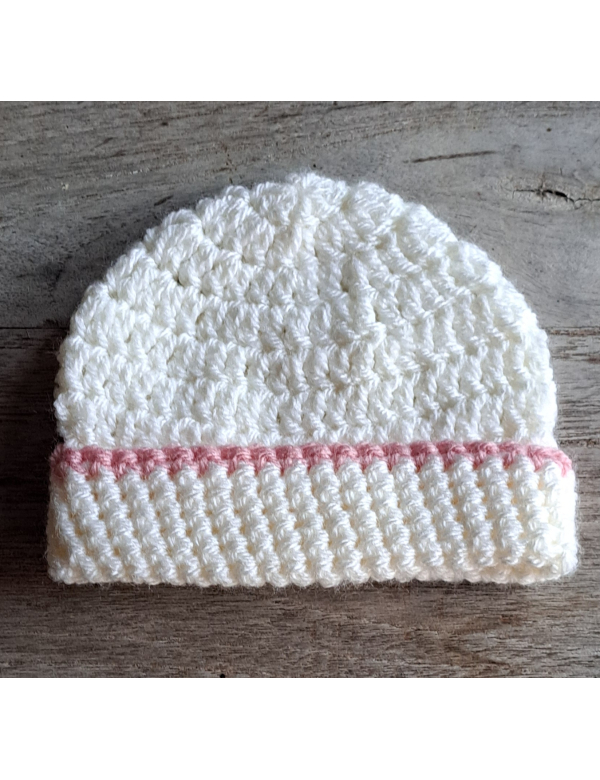 Beanie / Mutsje wit met roze rand / wol