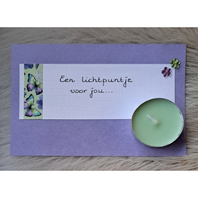 Kaartje lila + waxinelichtje groen  'Een lichtpuntje voor jou'...