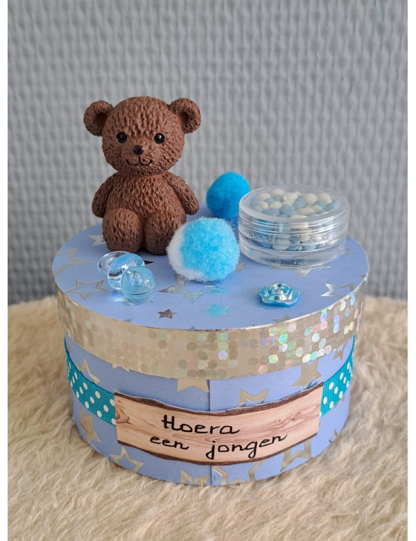 Geboortedoos groot - Hoera, een jongen - rond /blauw Geboortedoos groot - Hoera, een jongen - rond /blauw