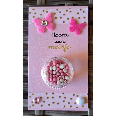 Felicitatie kaartje klein , geboorte meisje roze 'MUISJES'