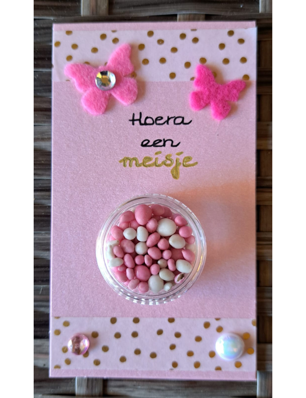 Felicitatie kaartje klein , geboorte meisje roze 'MUISJES' Felicitatie kaartje klein , geboorte meisje roze 'MUISJES'