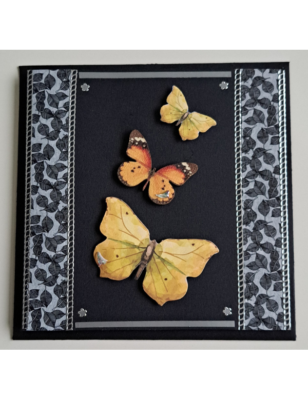 Rouw wenskaart, zwart met gele vlinders + wit inlegvel + envelop