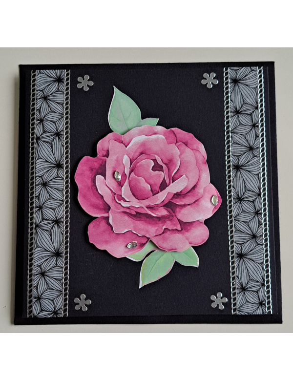Rouw wenskaart, zwart met roze roos + wit inlegvel  + envelop