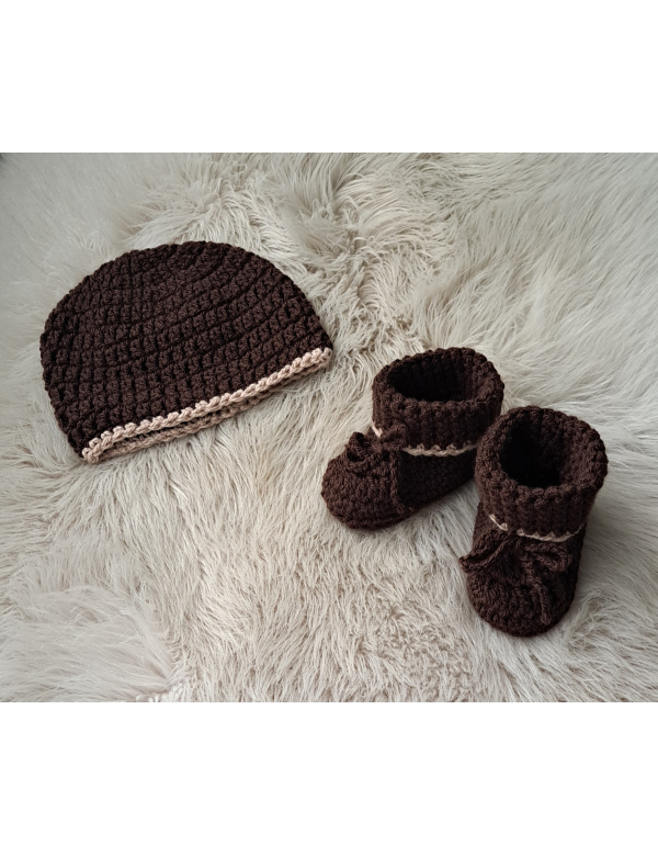 Set : Mutsje + slofjes / donkerbruin met lichtbruine rand, wol