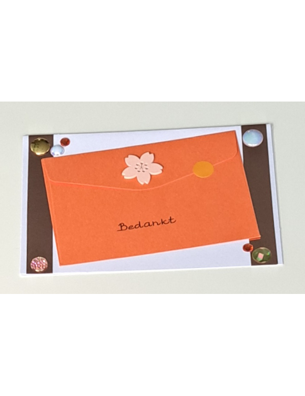 Wenskaart Bedankt wit + cadeau envelopje oranje / bloemetje