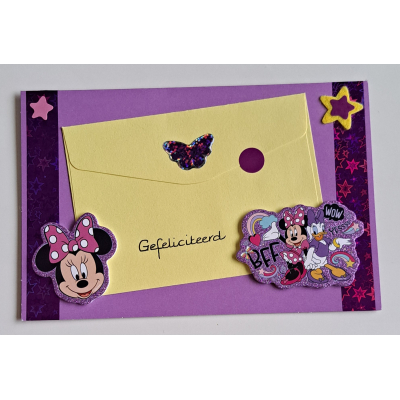 Wenskaart gefeliciteerd kind paars + cadeau envelopje / Minnie Mouse
