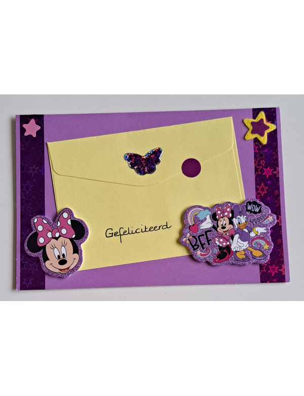 Wenskaart gefeliciteerd kind paars + cadeau envelopje / Minnie Mouse