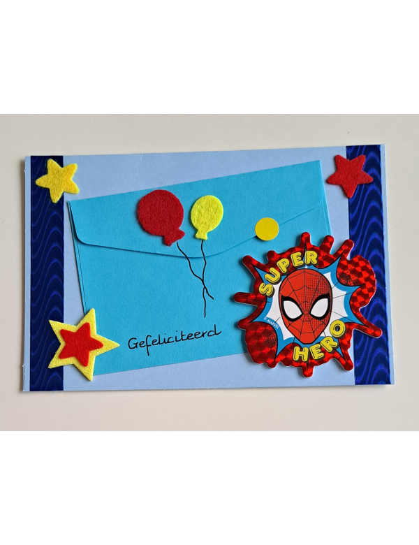 Wenskaart Spiderman, blauw gefeliciteerd blauw + cadeau envelopje