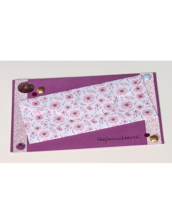 Wenskaart gefeliciteerd paars + cadeau envelopje, roze bloemen
