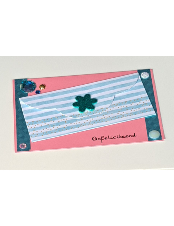 Wenskaart gefeliciteerd roze + cadeau envelopje, blauwe strepen / glitterbloem