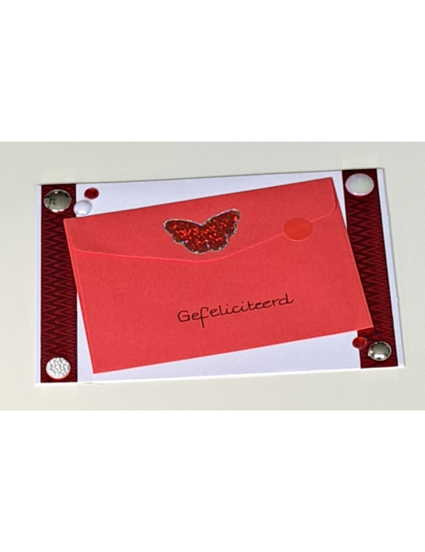 Wenskaart gefeliciteerd wit + cadeau envelopje rood / vlinder