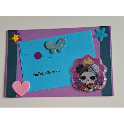 wenskaart gefeliciteerd kind paars + cadeau envelopje blauw/ LOL