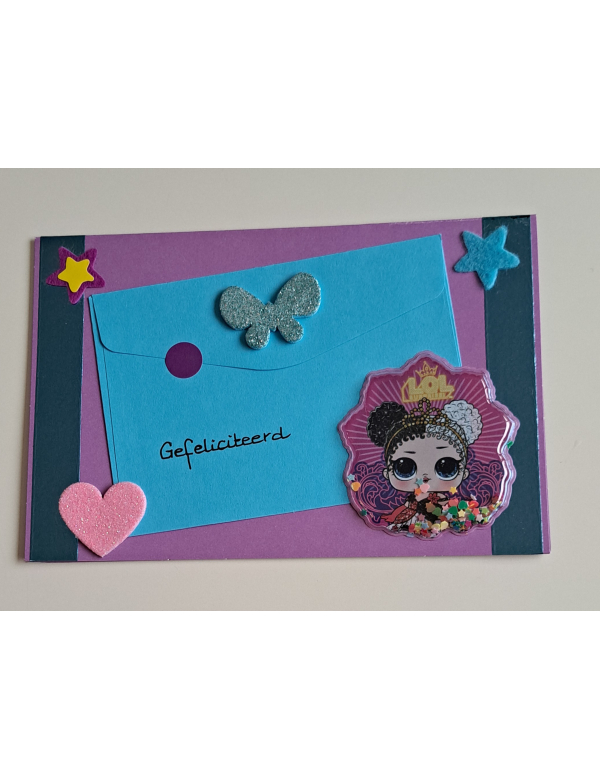 wenskaart gefeliciteerd kind paars + cadeau envelopje blauw/ LOL