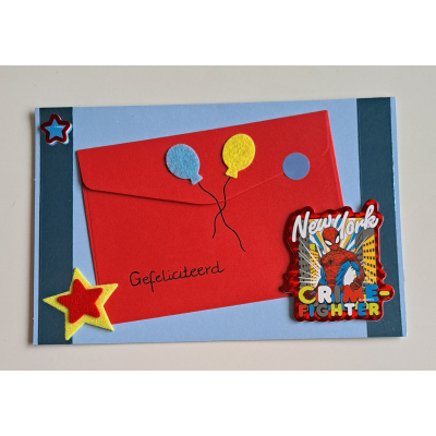 Wenskaart + cadeau envelopje,  Gefeliciteerd, Spiderman, blau