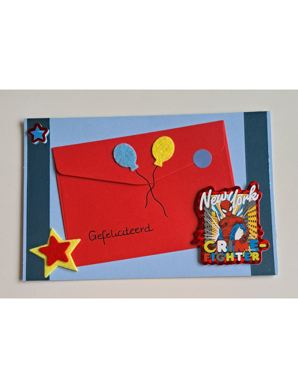Wenskaart + cadeau envelopje,  Gefeliciteerd, Spiderman, blau