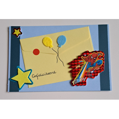 wenskaart Spiderman, blauw, gefeliciteerd + cadeau envelopje