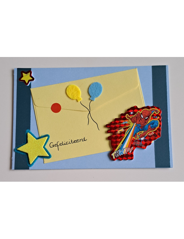 wenskaart Spiderman, blauw, gefeliciteerd + cadeau envelopje