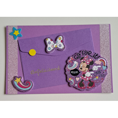 wenskaart gefeliciteerd kind paars + cadeau envelopje Minnie Mouse