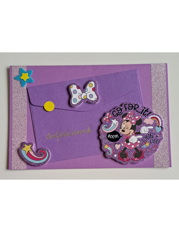 wenskaart gefeliciteerd kind paars + cadeau envelopje Minnie Mouse