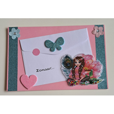 Wenskaart 'Zomaar' kind roze  + cadeau envelopje / meisje