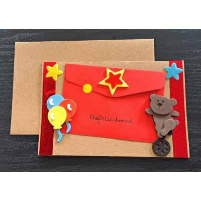 Wenskaart Gefeliciteerd, circus + cadeau envelopje