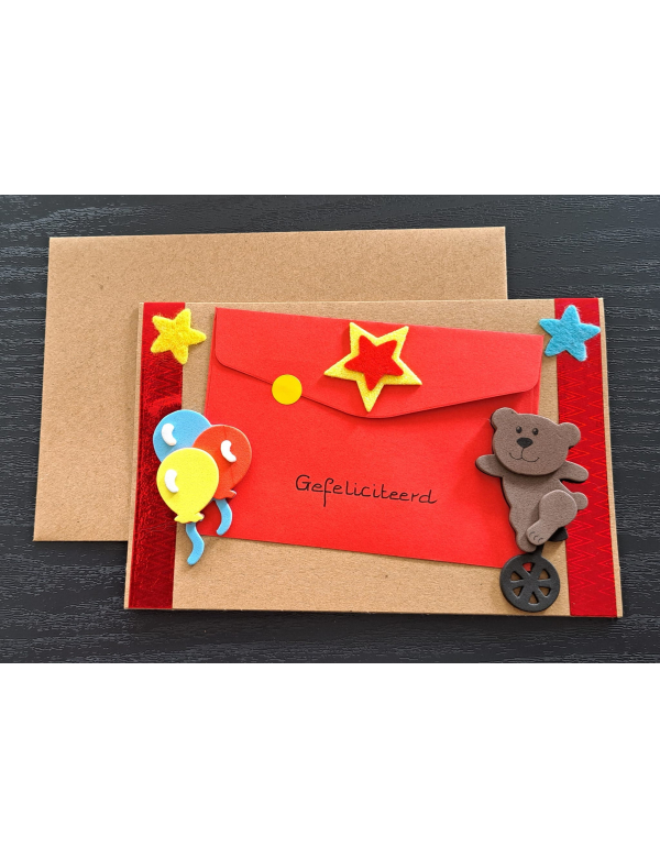 Wenskaart Gefeliciteerd, circus + cadeau envelopje Wenskaart Gefeliciteerd, circus + cadeau envelopje