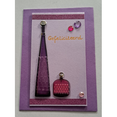 Wenskaartje klein + envelopje, Parfumflesjes paars + roze