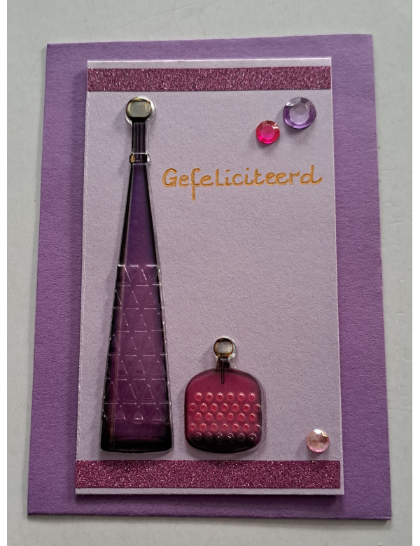 Wenskaartje klein + envelopje, Parfumflesjes paars + roze