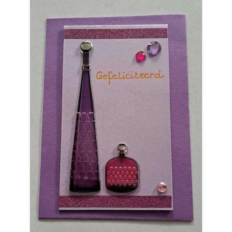 Wenskaartje klein + envelopje, Parfumflesjes paars + roze