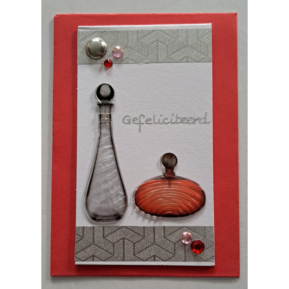Wenskaartje klein + envelopje / parfumflesjes wit + rood