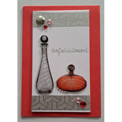 Wenskaartje klein + envelopje / parfumflesjes wit + rood
