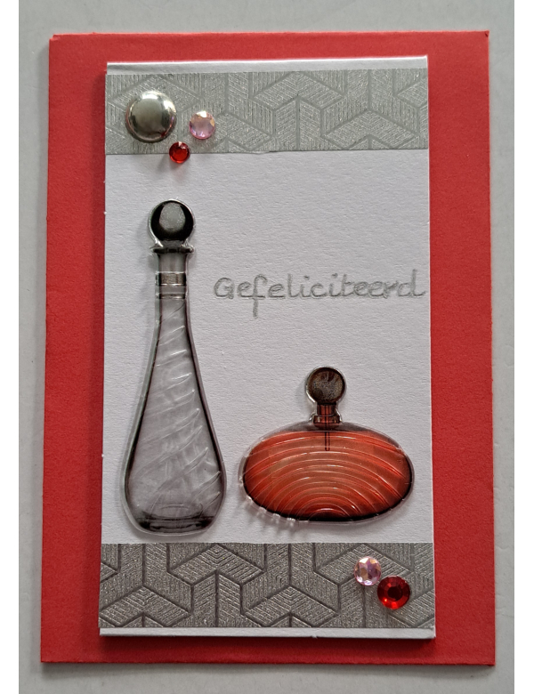Wenskaartje klein + envelopje / parfumflesjes wit + rood