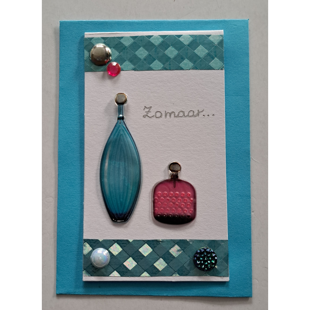 Wenskaartje klein + envelopje / Parfumflesjes turquoise + roze