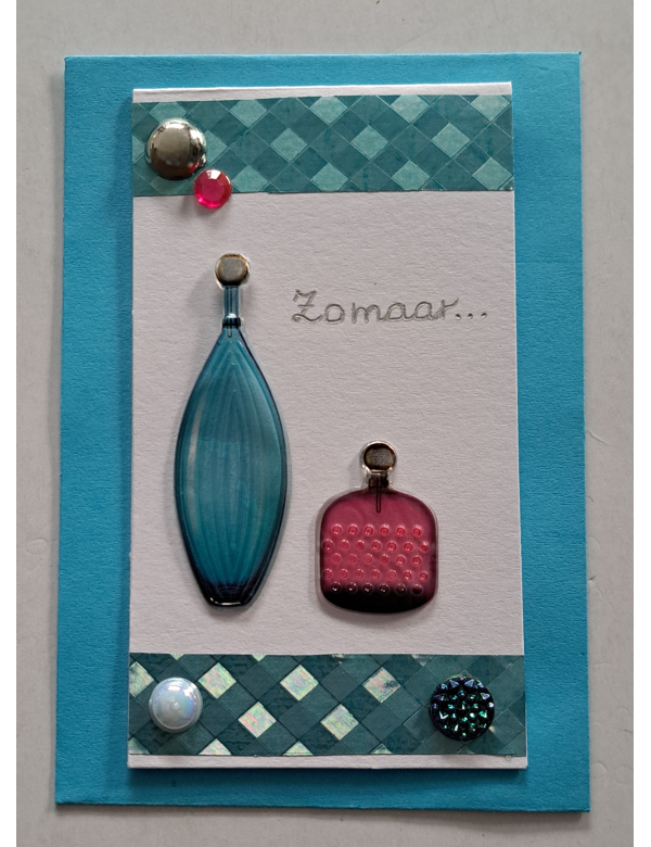Wenskaartje klein + envelopje / Parfumflesjes turquoise + roze