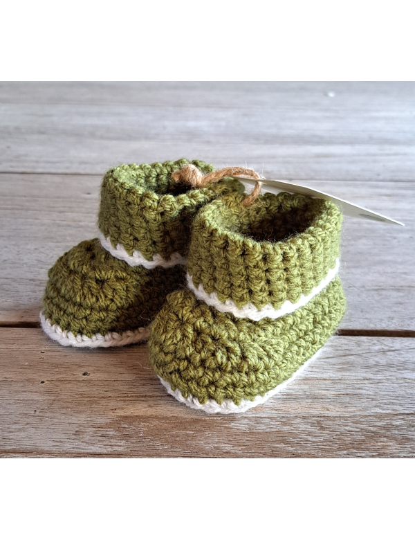 Booties / Slofjes Groen + witte rand / wol