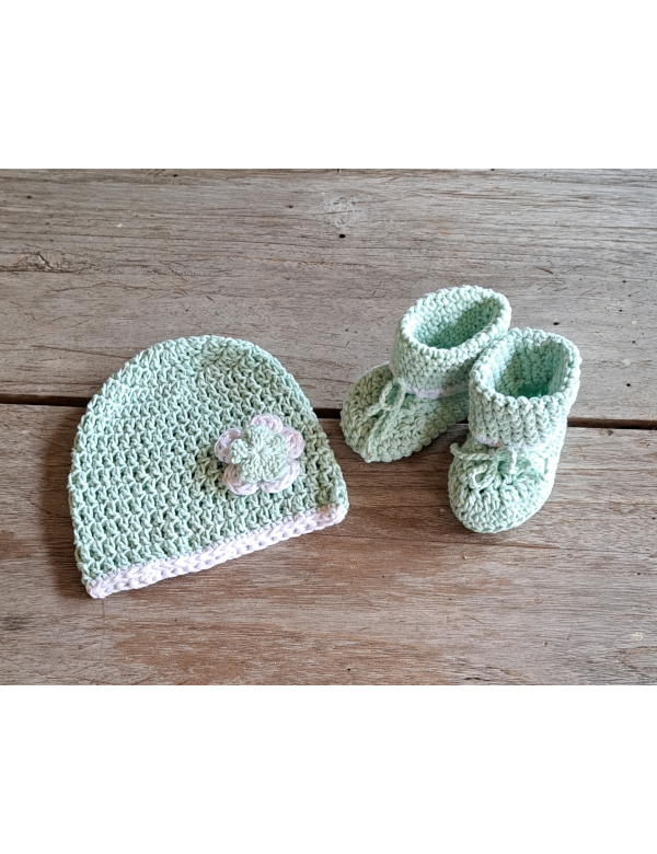 Set : Baby mutsje met bloem + slofjes - mintgroen + wit 