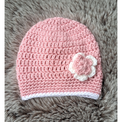 Beanie / mutsje oudroze + wit met bloem / wol