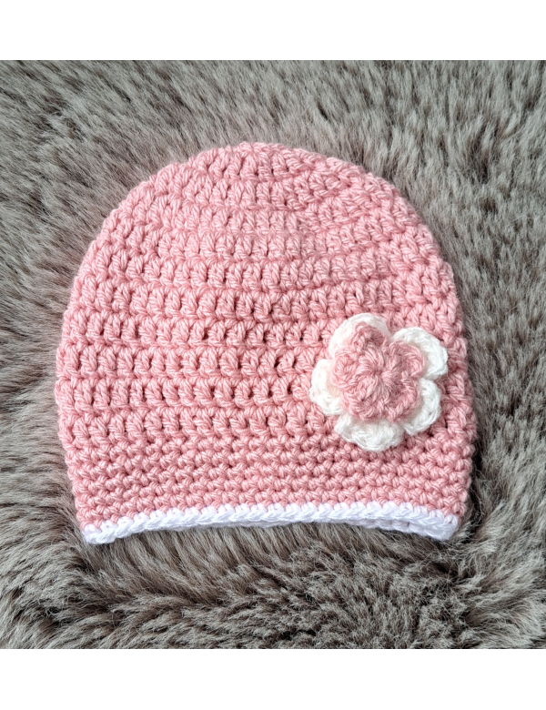 Beanie / mutsje oudroze + wit met bloem / wol