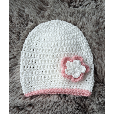 Beanie  / mutsje wit + oudroze met bloem / katoen