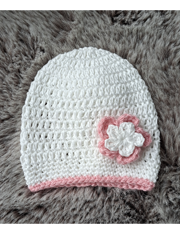 Beanie  / mutsje wit + oudroze met bloem / katoen