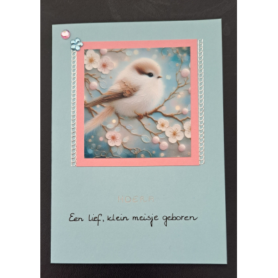 Wenskaart geboorte meisje - vogeltje pastel - turquoise