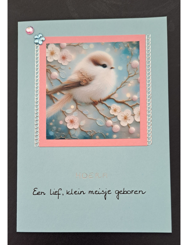 Wenskaart geboorte meisje - vogeltje pastel - turquoise