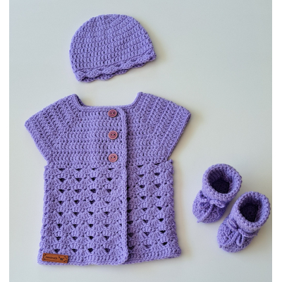 Set  lila : Mutsje  + Vestje  + Slofjes, golf schelpsteek / wol