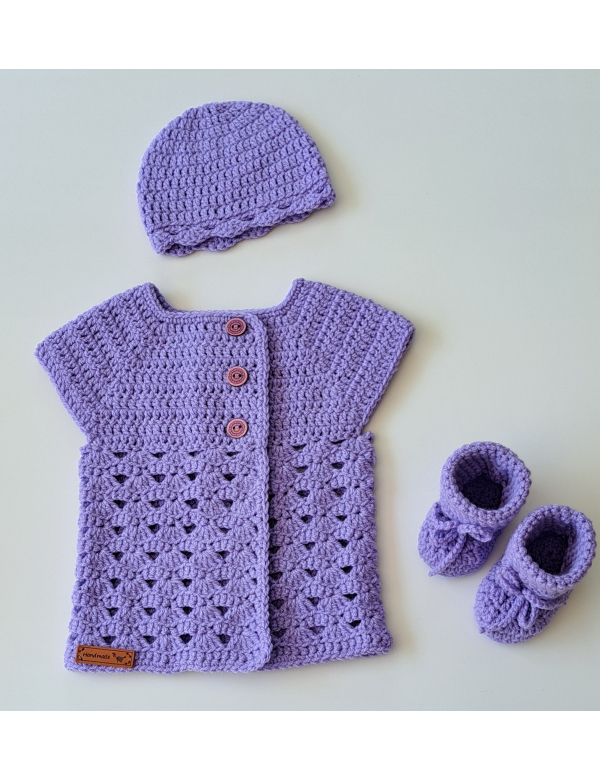 Set  lila : Mutsje  + Vestje  + Slofjes, golf schelpsteek / wol